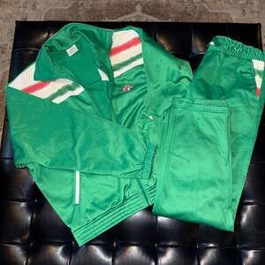 Vintage Shiny Green Tracksuit with Red, White, and Green Striped Accents